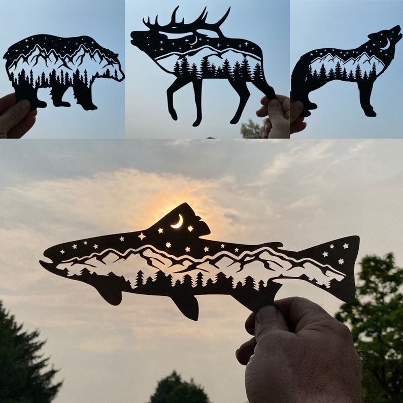 Wolf Bear Elk Trout metal wall decor, metal wall hanging, cabin decor