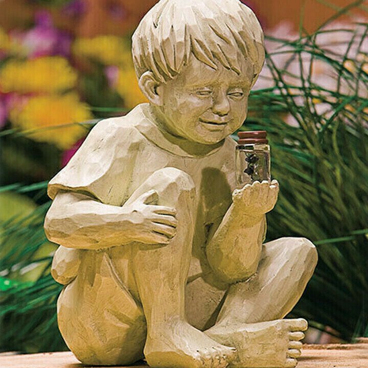 A Kid with Solar Fireflies Garden Statue-Garden Decoration