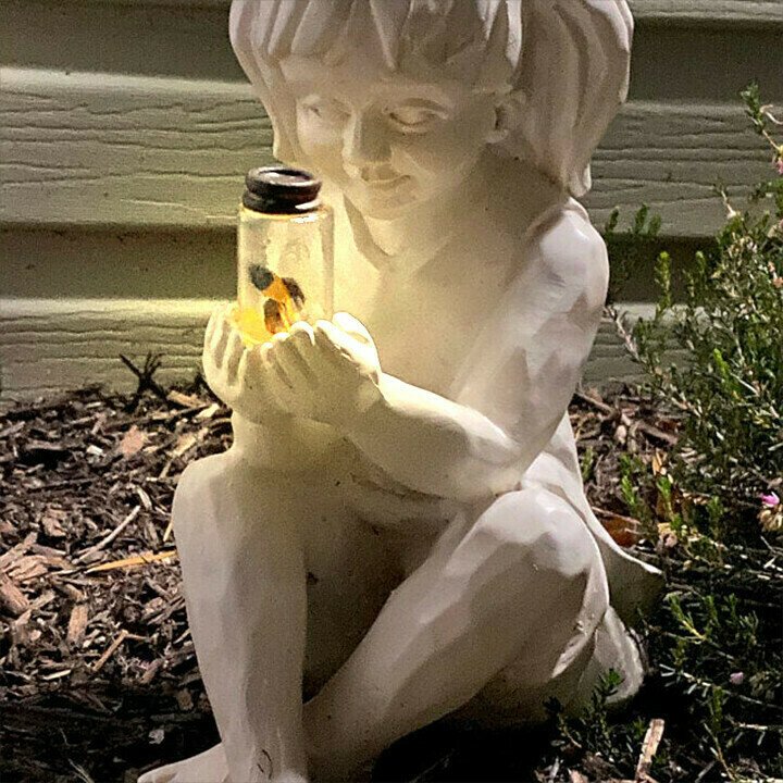 A Kid with Solar Fireflies Garden Statue-Garden Decoration